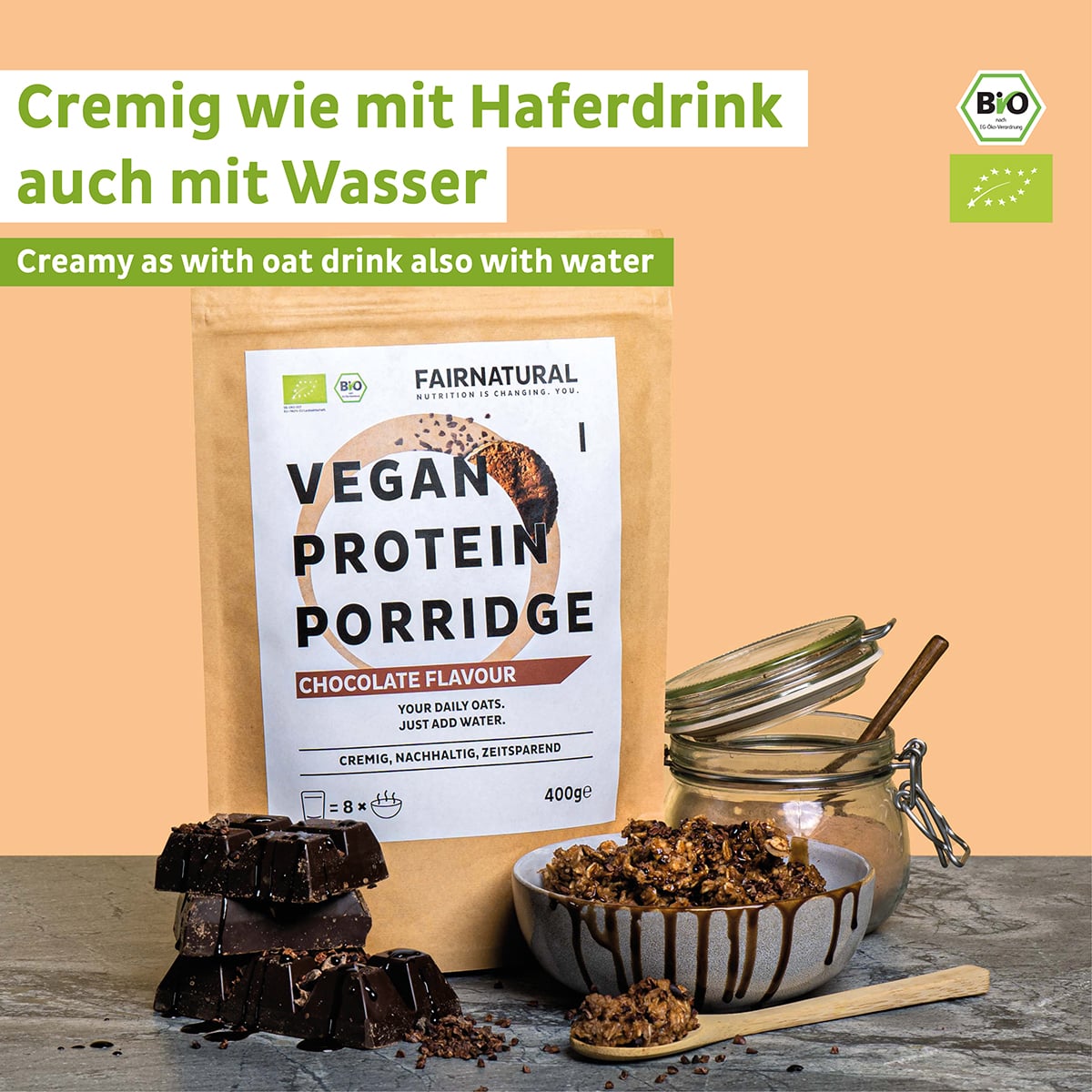 Gachas de proteínas orgánicas de chocolate vegano